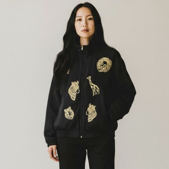 Vintage Black Gold Embroidered Safari Animal Jacket Size M Statement Bomber - Picture 1 of 13